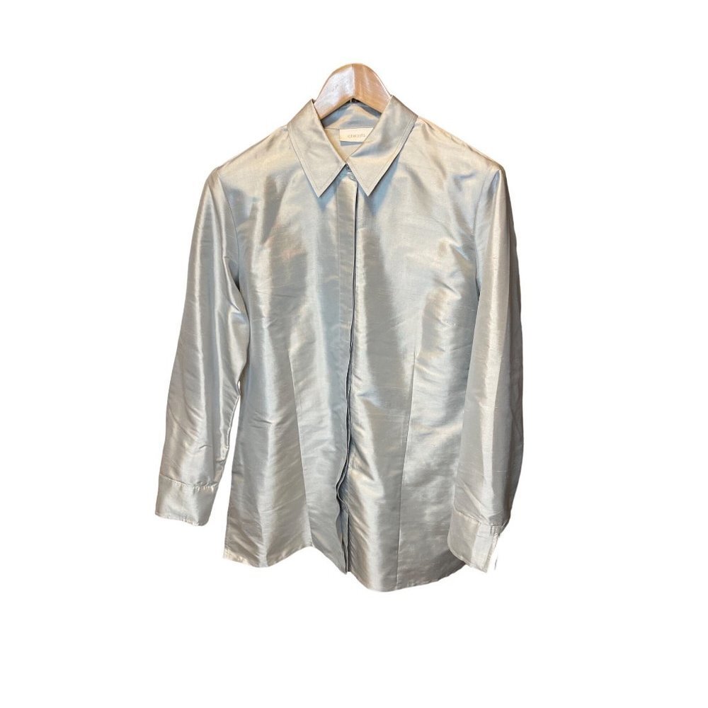 Chico’s Silver Metallic Silk Button Front 3/4 Sleeve Tunic Blouse